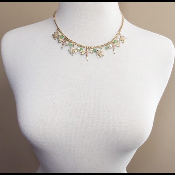 Mint Green & Pink Dragonfly Daisy Flower Charm Gold Necklace Earrings Set - Picture 3 of 3